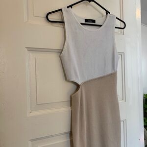 Lulu's White and Beige ColorBlock Cutout Sweater Tank Midi Dress with Side Slit